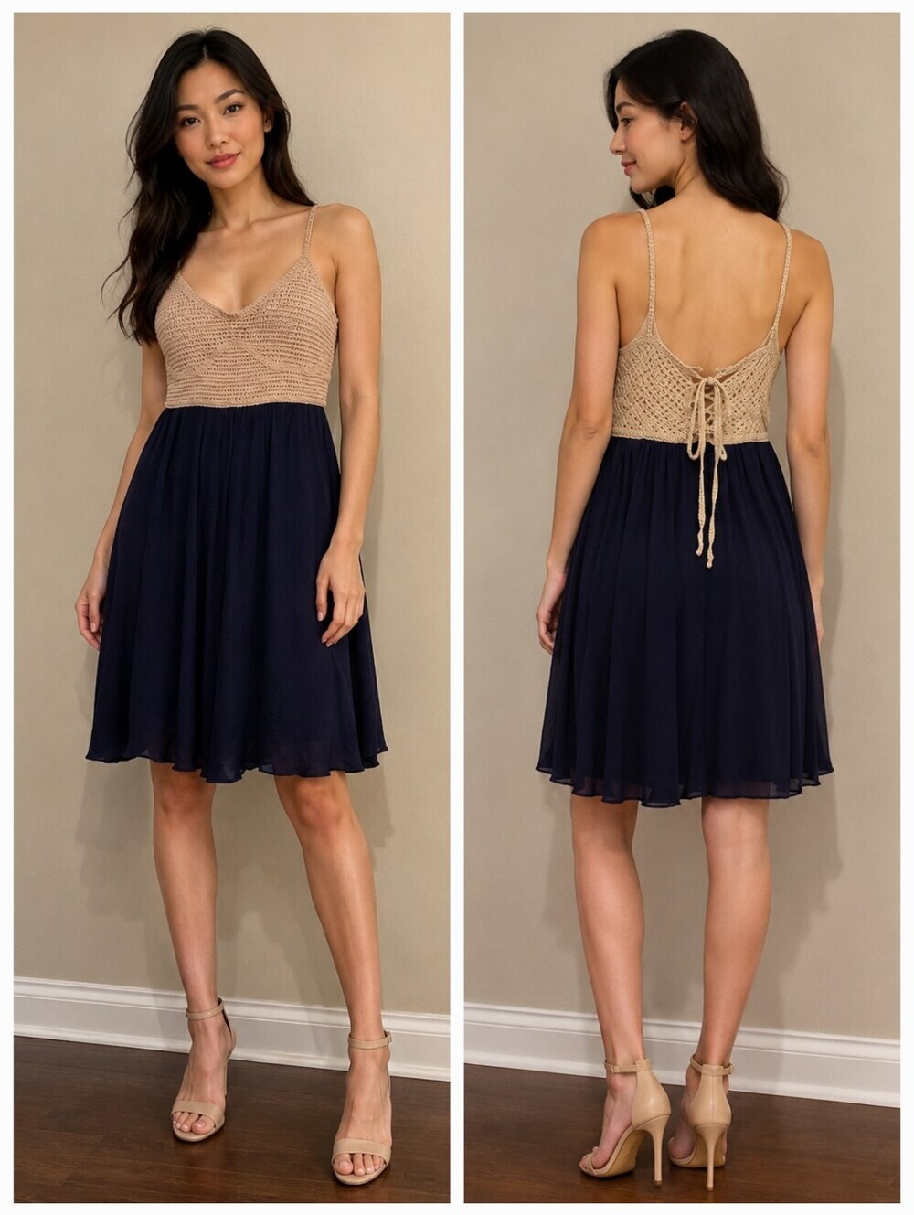 ❤️ NEIMAN MARCUS CROCHET LACE BACK MARINE DRESS, MEDIUM